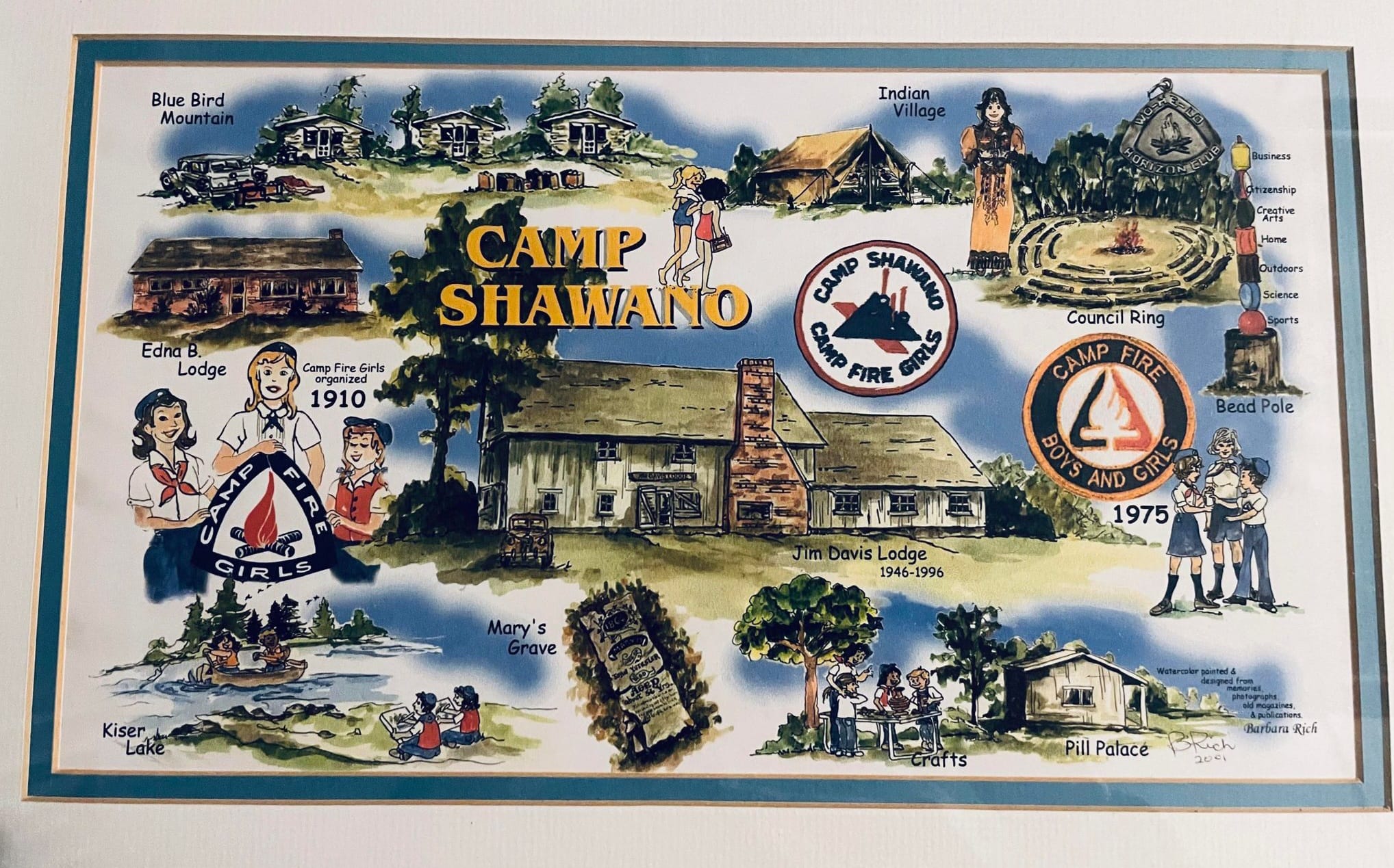 Camp Shawano commemorative watercolor print by Barbara Rich (2001)