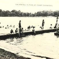 Swimming is Fun at Camp Shawano - vintage photograph of campers on the dock