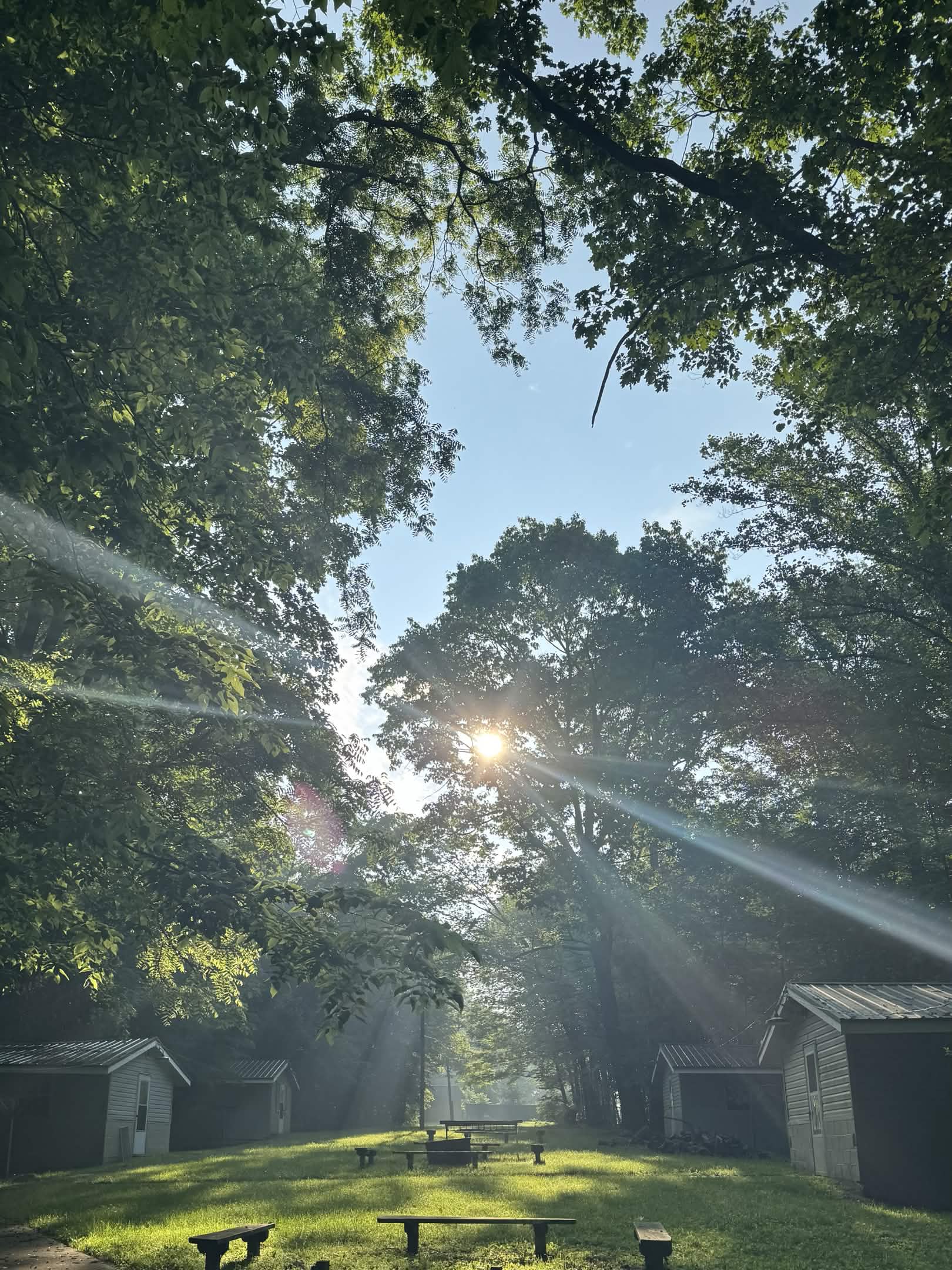 Primitive cabin village at sunrise