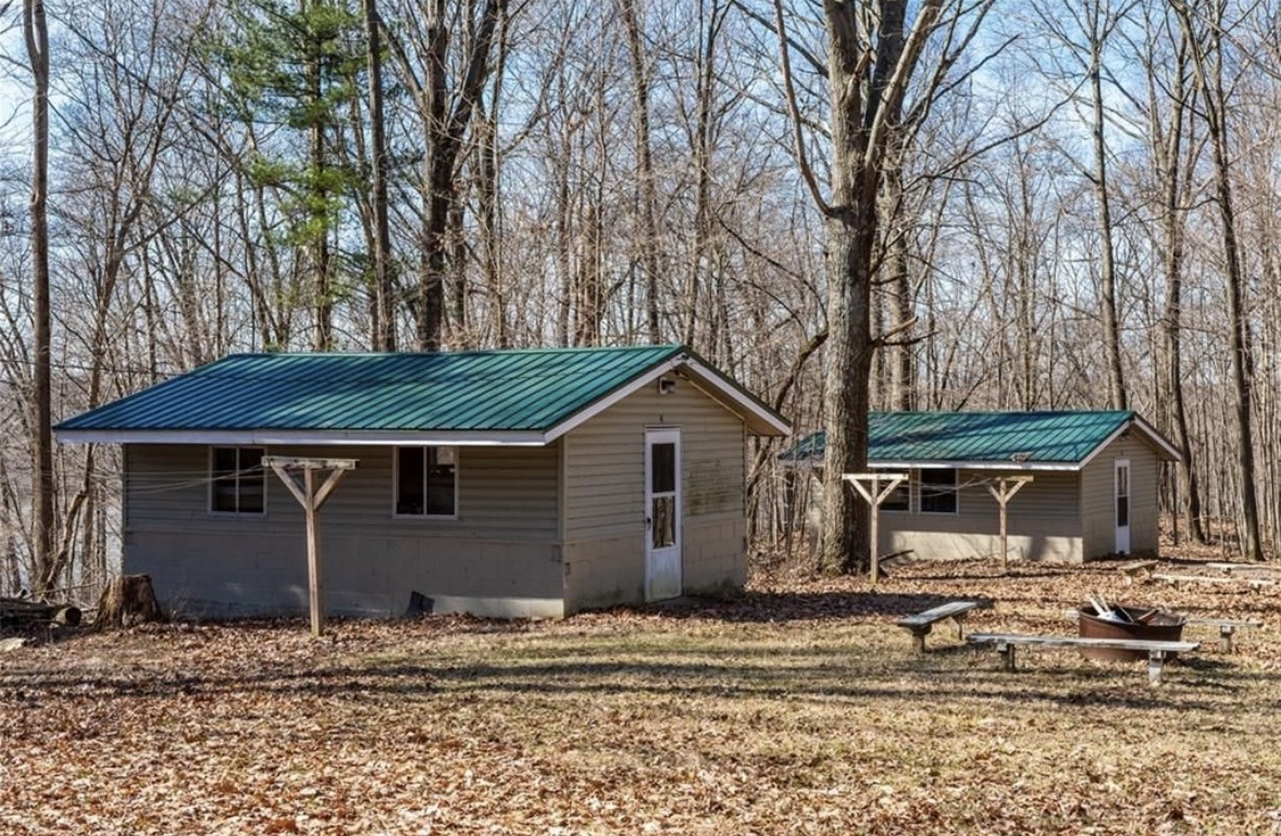 Primitive cabin exterior with green roof