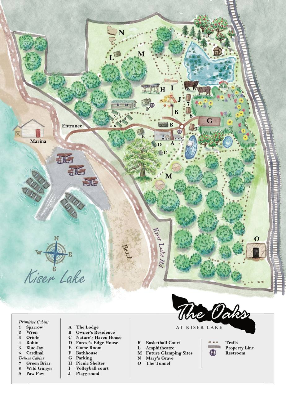 The Oaks at Kiser Lake Property Map — 117 acres with cabins, lodge, trails, ponds, beach, amphitheatre, and highland cows